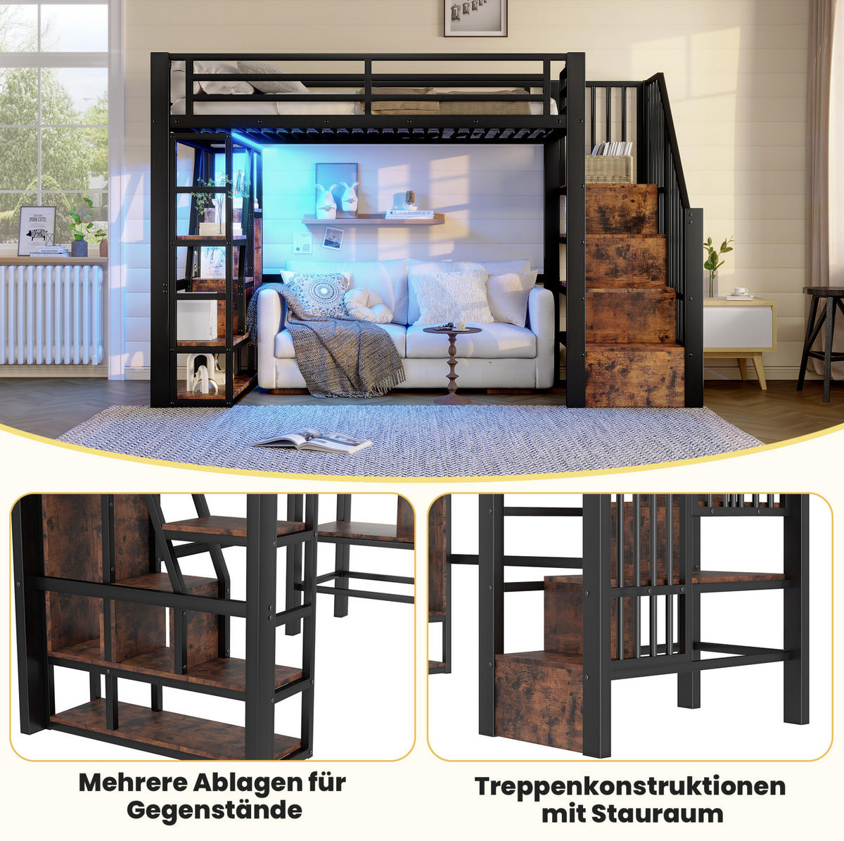 HOCHBETT 90/200 cm Schwarz aus MDF und Metall mit LED-Lichtleiste - Schwarz, Holzwerkstoff (90/200cm) - OKMYHOME