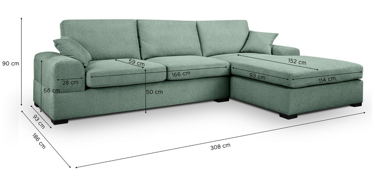 SOFA petrol Strukturstoff 308 cm, Ecksofa 5-Sitzer, L-Sofa Ottomane rechts - Petrol/Schwarz, Holz/Textil (308/186cm) - Inn.Furn