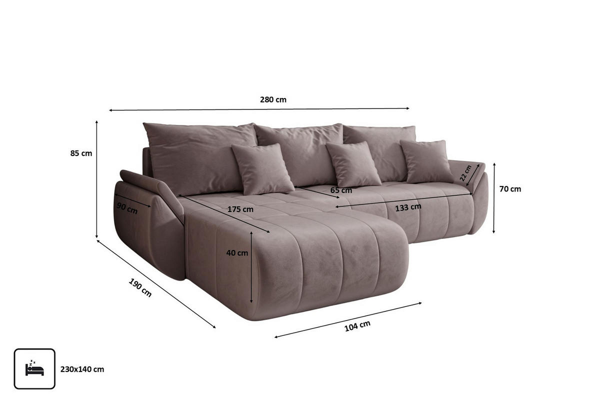 ECKSOFA Mit Schlaffunktion Und Bettkasten TOKYO, Stoff MONOLITH, Lila, Links - Lila, Holz (280/190cm) - Kaiser Möbel