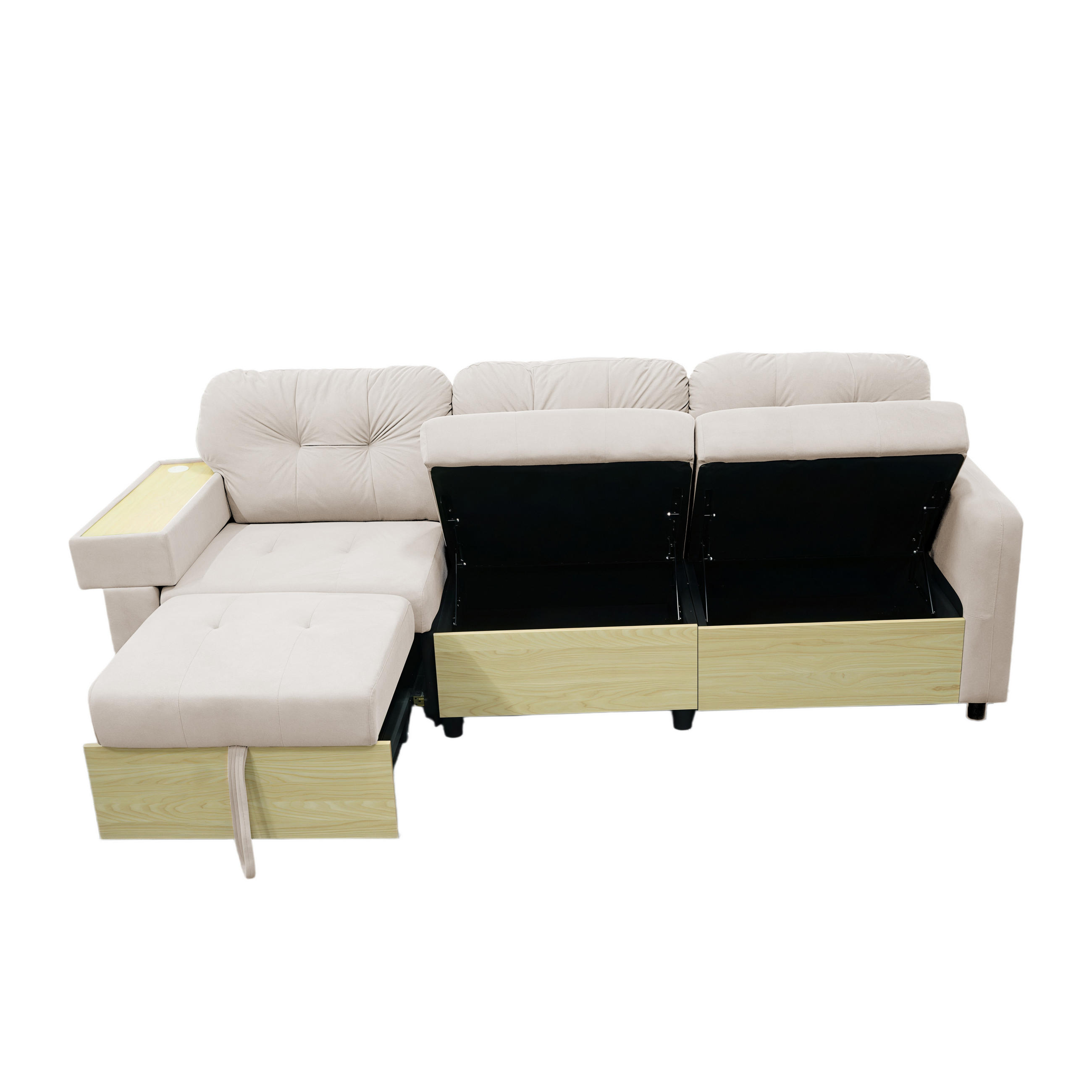 ECKSOFA 228/115/78 cm Beige mit Ausziehbarer Fußhocker, USB-Anschluss und Aufbewahrungstasche - Beige, Textil (228/80cm) - Oxeza