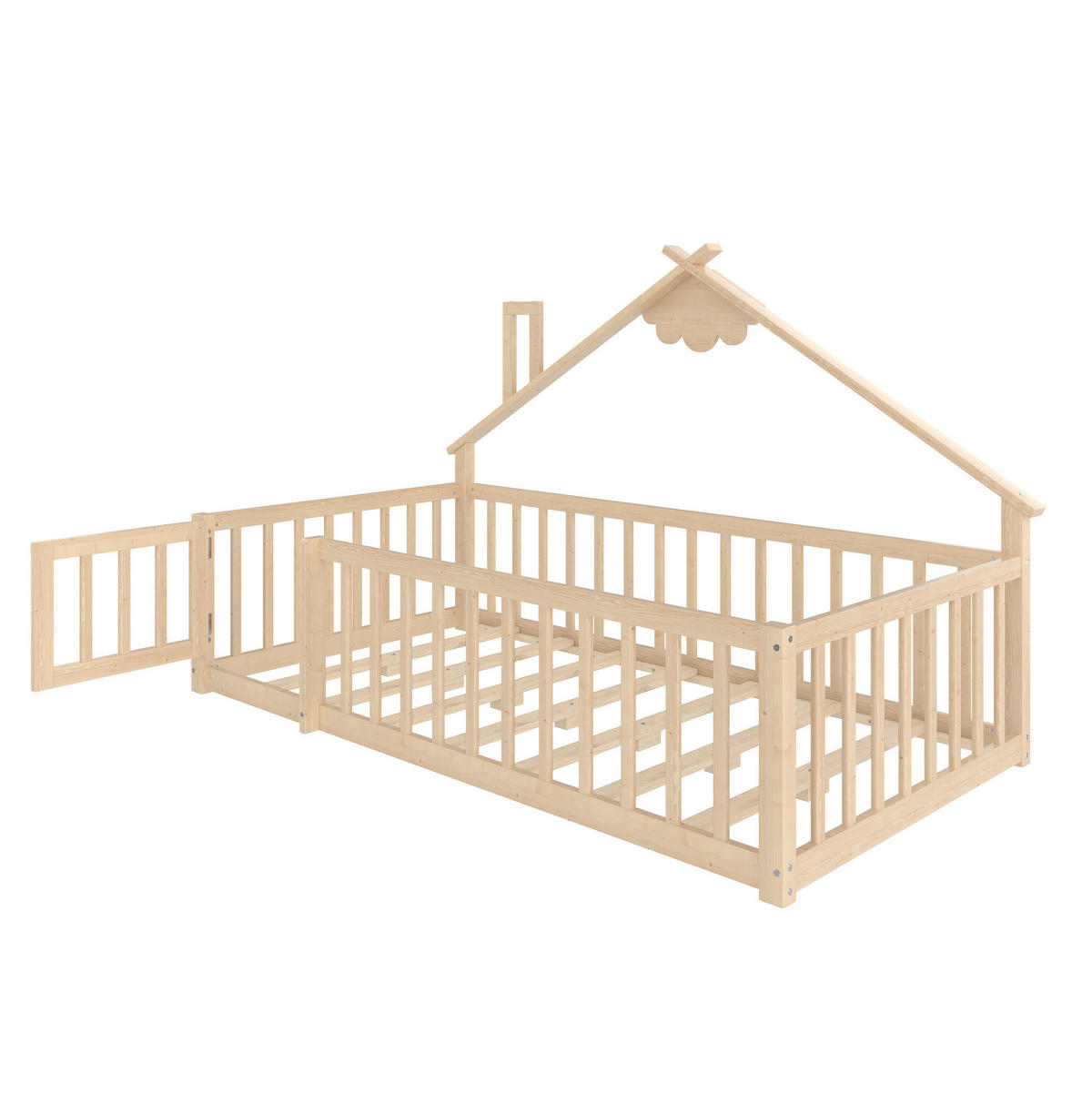 KINDERBETT 90/190 cm Natur mit Haus-Design und Geländer - Naturfarben, Holz (90/190cm) - MIVRAY