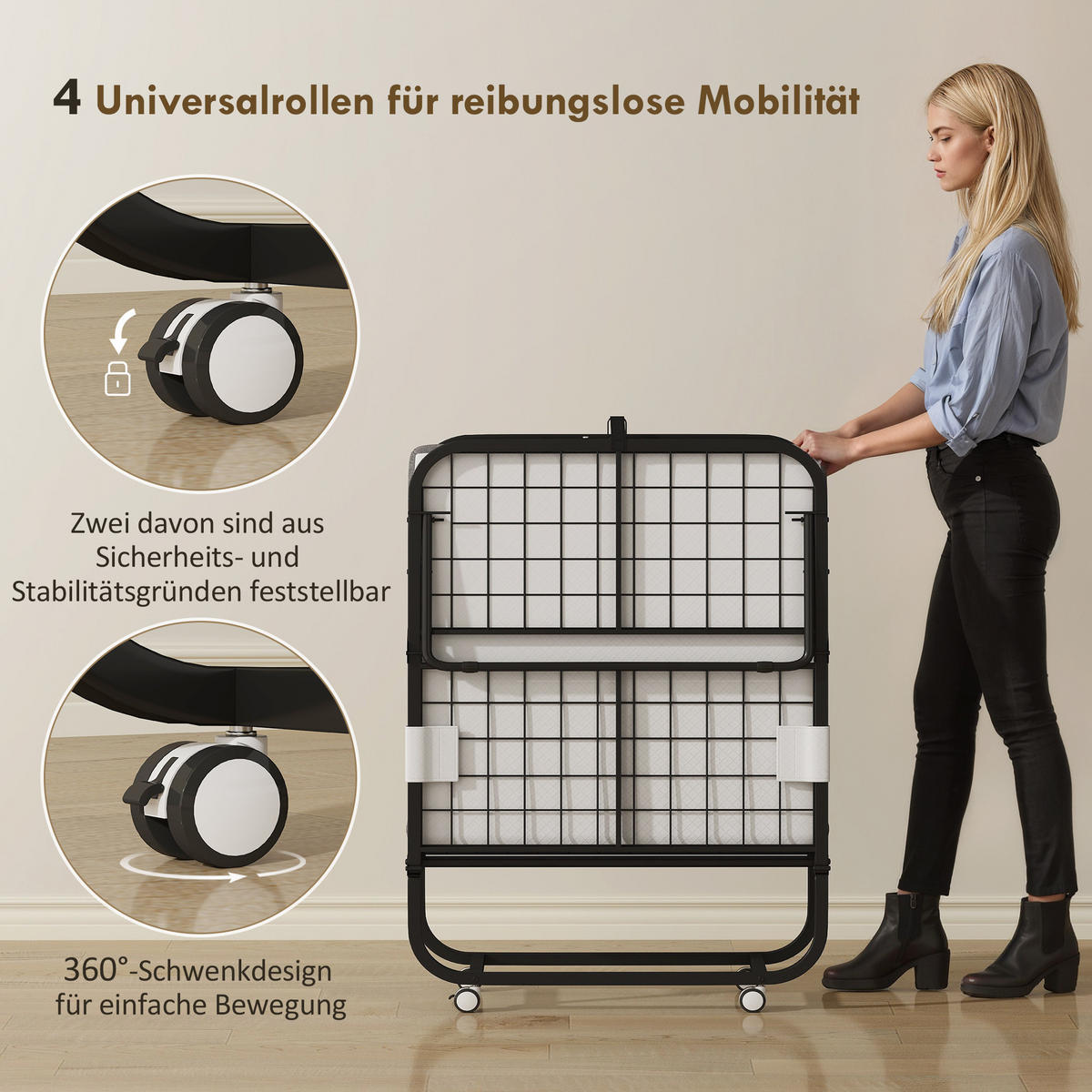 KLAPPBETT 80x200 cm DE-10738 mit 10 cm Schaumstoff & Rollen Grau - Grau, Textil (80/200cm) - ComfortXL