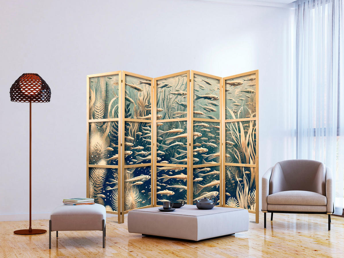 PARAVENT Japanischer 5-tlg 225x172 cm Retro Fische Pflanzen - Blau, Holz/Textil (225/172/3cm) - Muralo