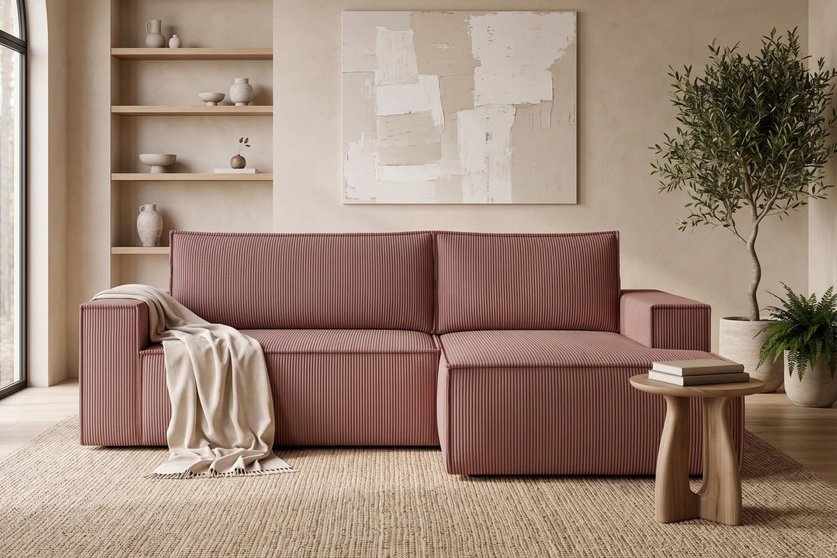 ECKSCHLAFSOFA-RECHTS NAPI in Pet Friendly Cord-Stoff, rosa - Pink/Schwarz, Textil (262/148cm) - KONSIMO®