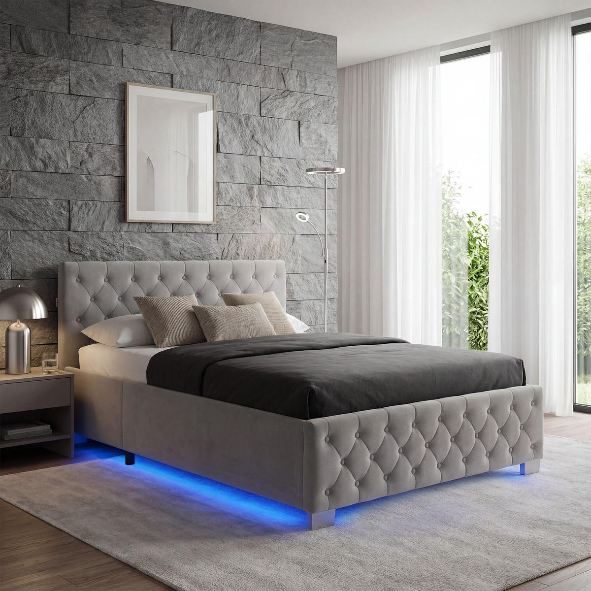 POLSTERBETT Daytona, großer Stauraum, dunkelgrau - Dunkelgrau, Holz (180/200cm) - tectake