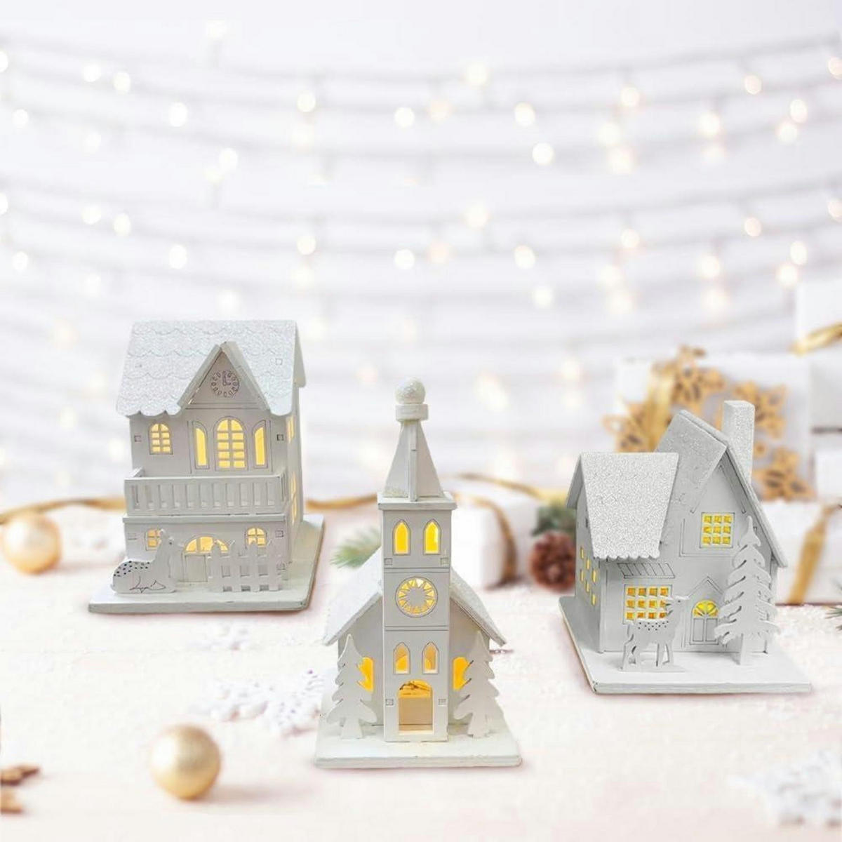 WEIHNACHTSDORF 3-teiliges Set mit Beleuchtung Holz - Weiß, Holz (9/14.5/6cm)