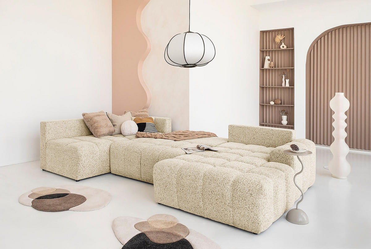 WOHNLANDSCHAFT - Strukturstoff - Creme/Schwarz, Kunststoff/Textil (333/187cm) - home24