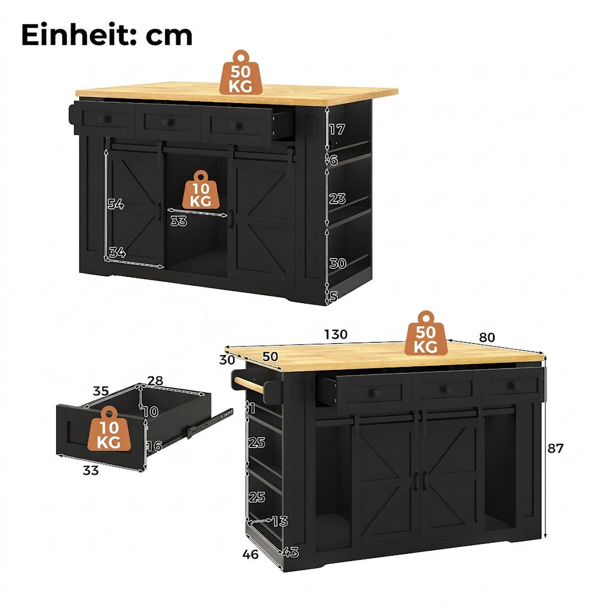 KÜCHENINSEL 130/50/87 cm Schwarz mit ausklappbarer Arbeitsplatte, 3-stufigem Ablageregal und 3 Schubladen - Schwarz, Holz/Holzwerkstoff (80/87/130cm) - Oxeza