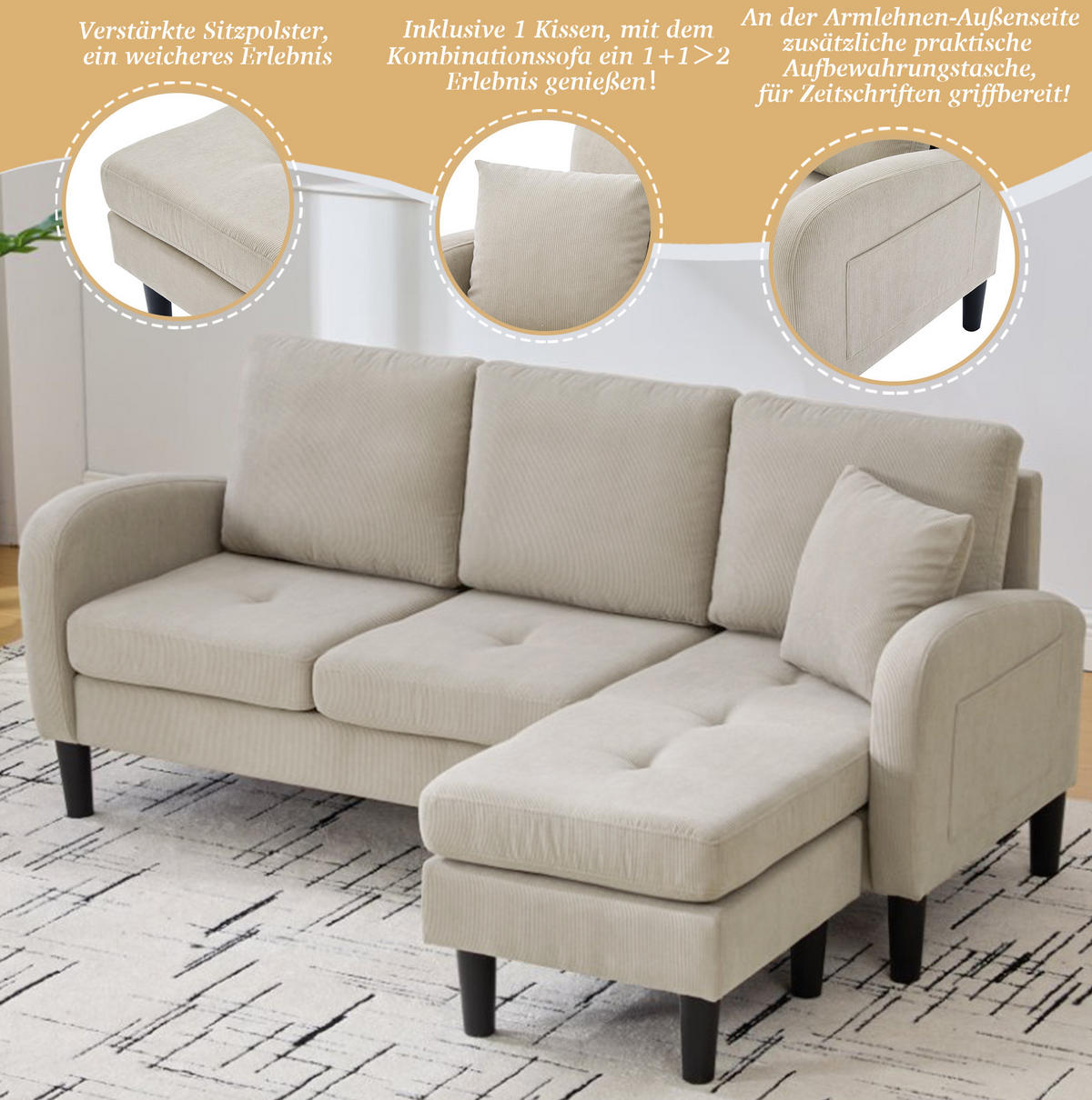 ECKSOFA Cordbezug mit modularer Chaiselongue Hellbraun 166/118/77 cm - Hellbraun, Textil (166/118cm) - Redom