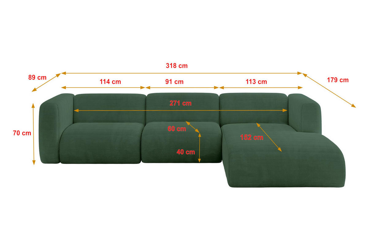 ECKSOFA Ottomane Rechts MIRA-L2 318x179x89 Grün Cord - Salbeigrün/Schwarz, Holzwerkstoff/Kunststoff (318/179cm) - ALTDECOR