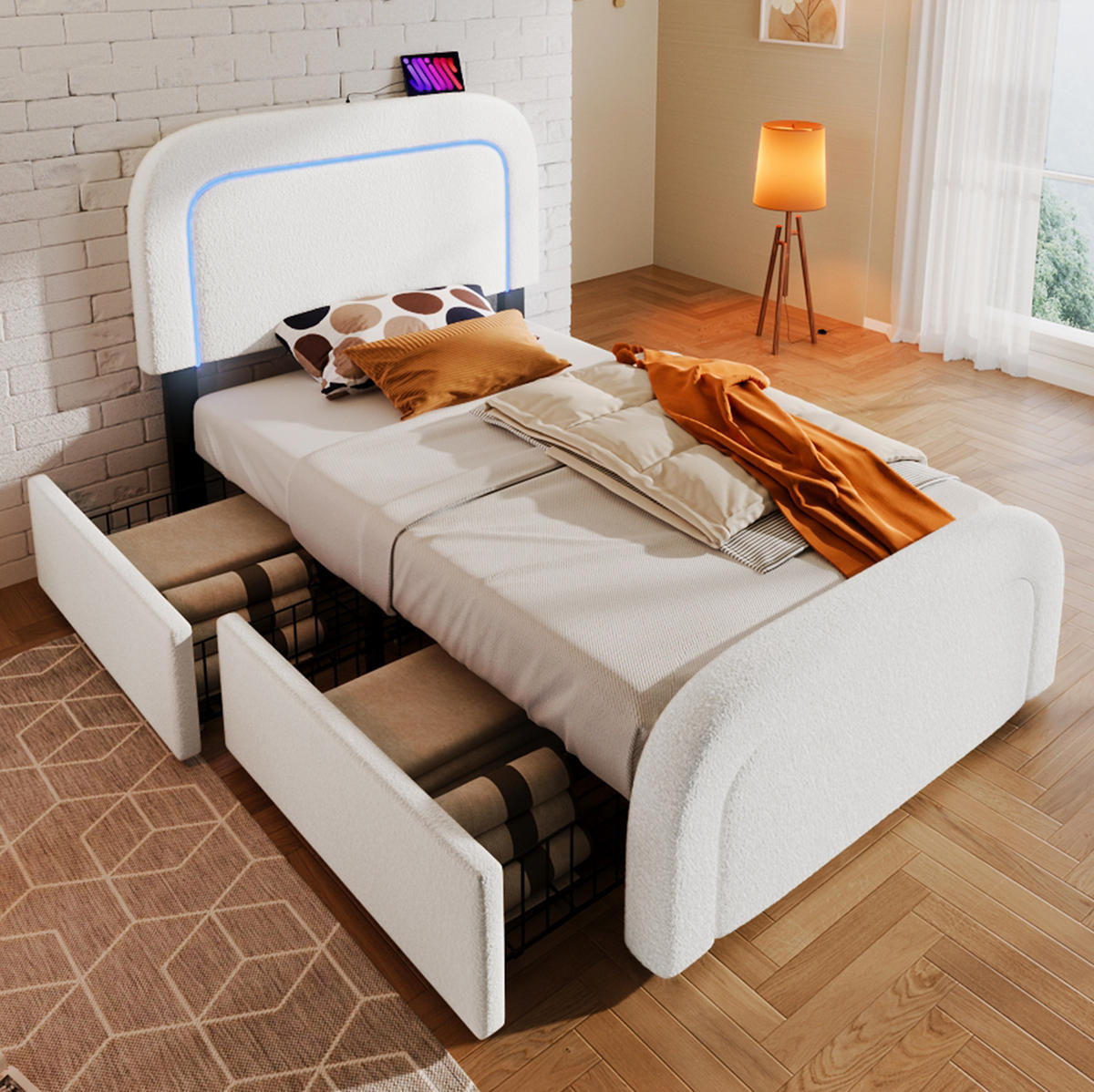 BETT mit USB, LED und 2 Schubladen 90x200 cm Sherpa Weiß - Weiß, Metall (90/200cm) - Meubliv