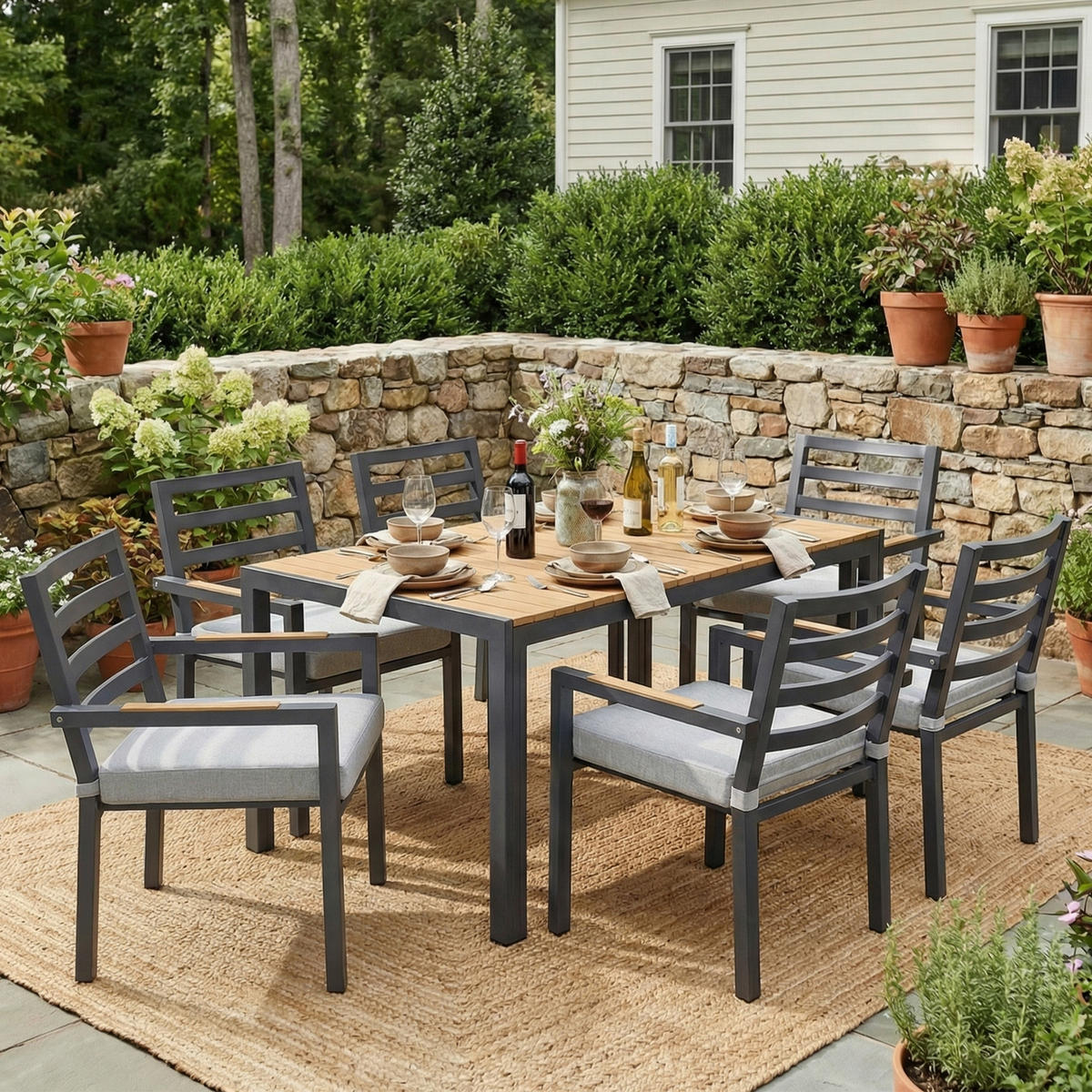 GARTEN Essgruppe 6-Sitzer 143.5×90×72 cm Industriestil, grau - Grau, Textil