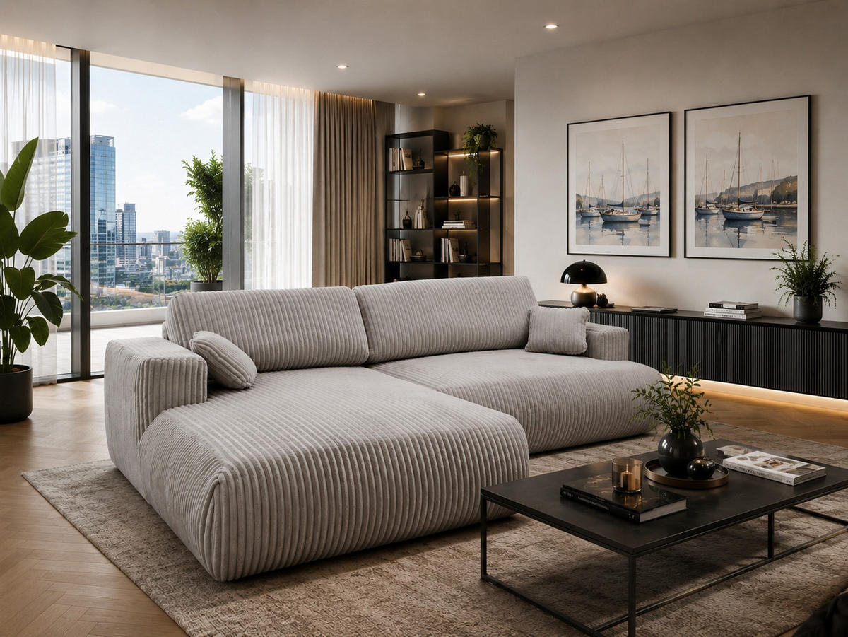 ECKSOFA Luna L links Creme aus Cord - Creme, Textil (271/195cm) - KS Home Concept