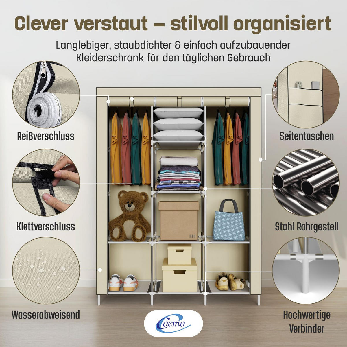 STOFFSCHRANK Kleiderschrank, 2 Kleiderstangen, 130/45/175 cm, Farbe: Beige - Beige, Textil (45/175/130cm) - Coemo