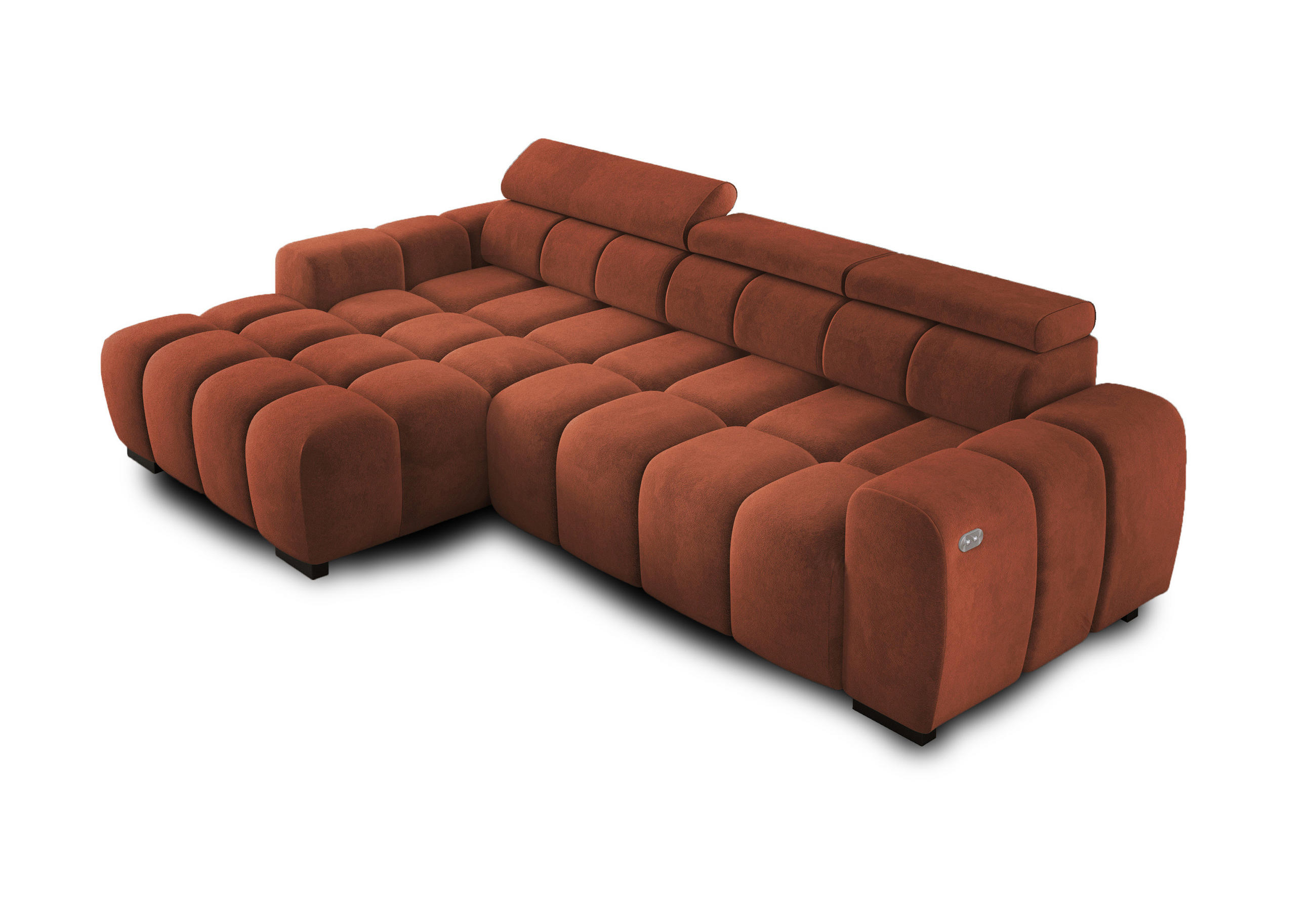 ECKSOFA OMBO 285x168x77/97 cm, Links, Schlaffunktion, elektr. Sitz, Kopfstützen, Buche dunkel, hydrophober SALVADOR-Stoff – Dunkelblau - Orange, Holz/Textil (168/285cm) - DomoHome