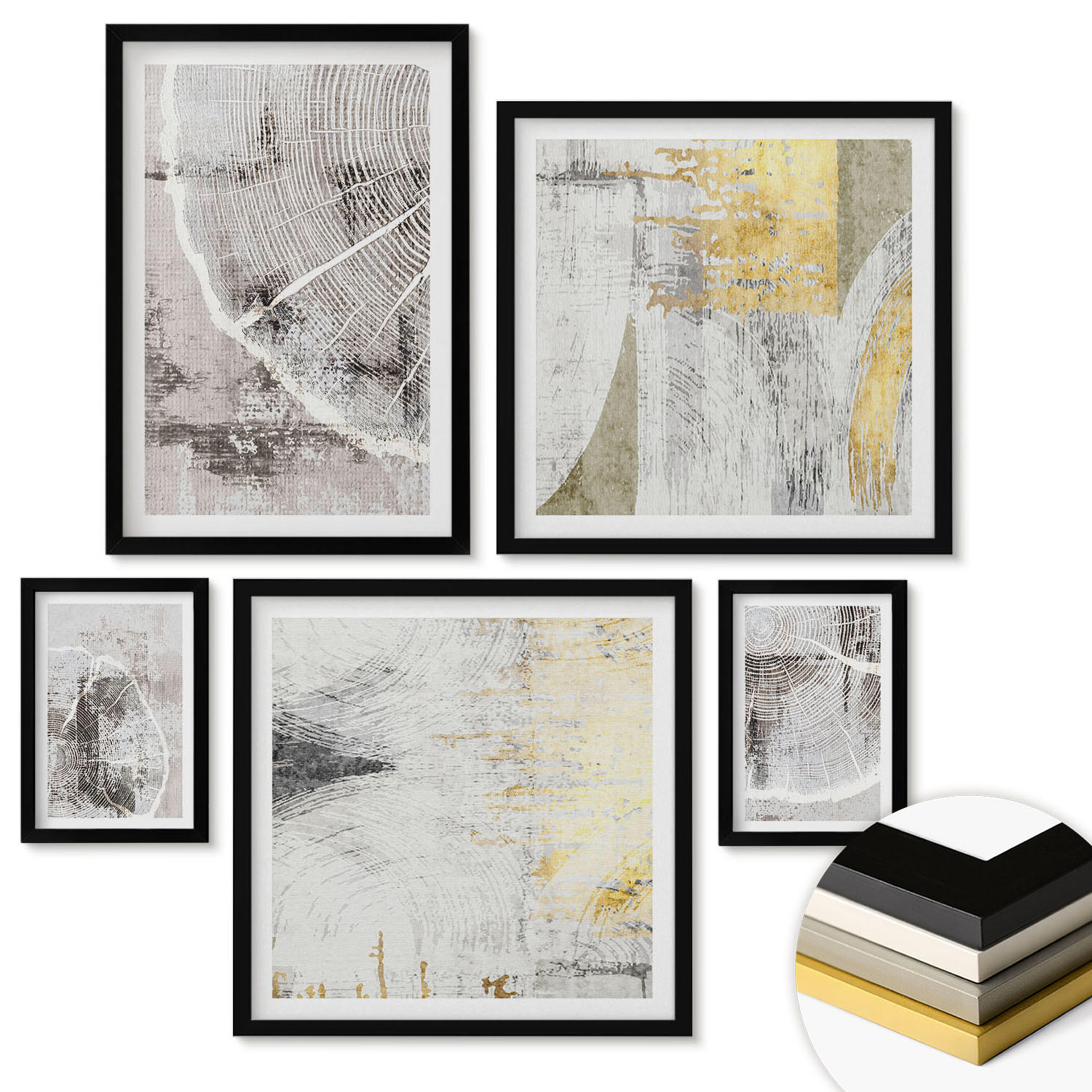 WANDBILDER 5er-Set - 50x50 cm & 20x30 cm & 40x60 cm Schwarzer Rahmen - Beige abstrakte Formen Linien - Schwarz, Kunststoff (40/60cm) - ArtPrintCave