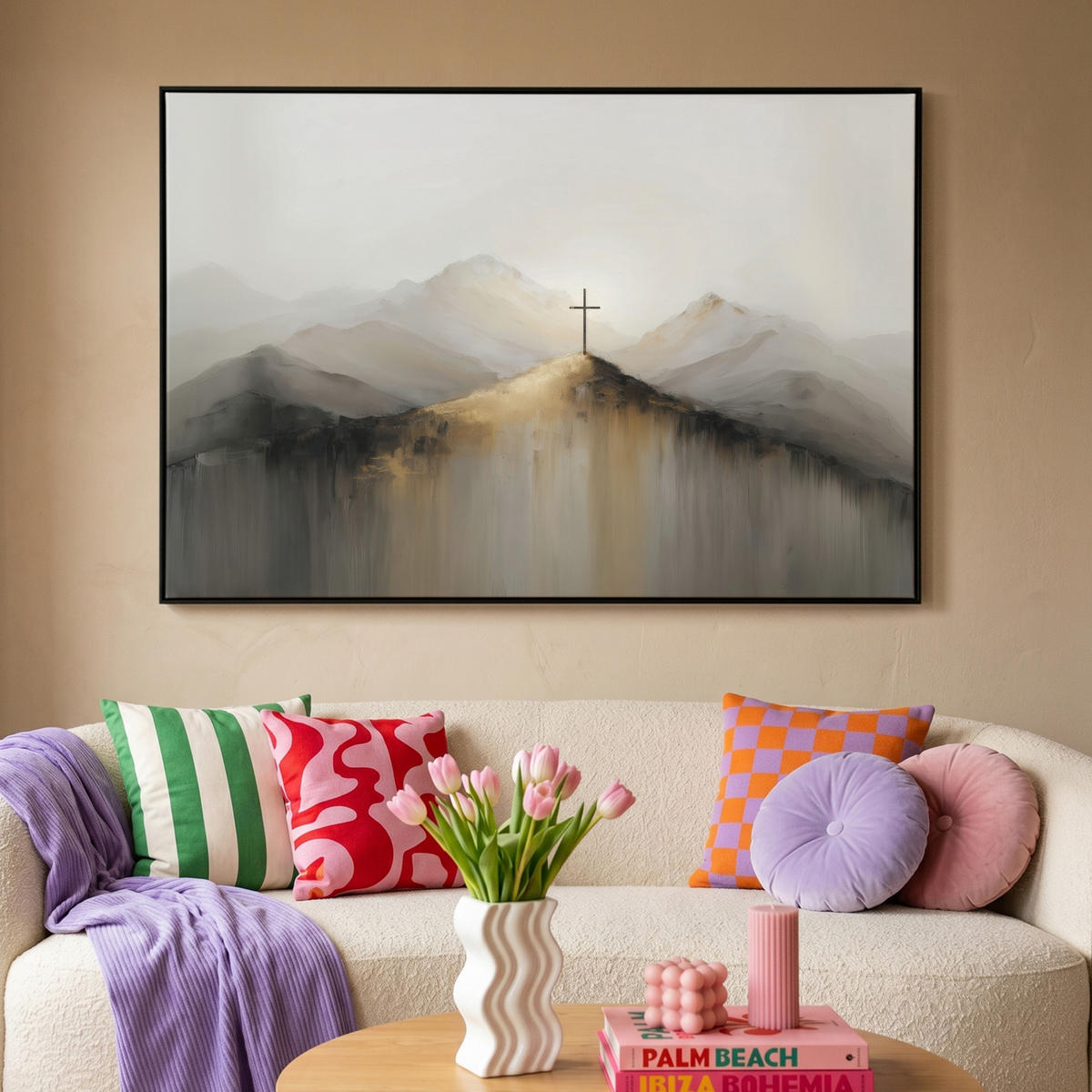 LEINWAND Bilder mit Rahmen - Hügel - Abstrakt - Kreuz - Christentum - 140x90 - Beige, Textil (140/90cm) - MuchoWow