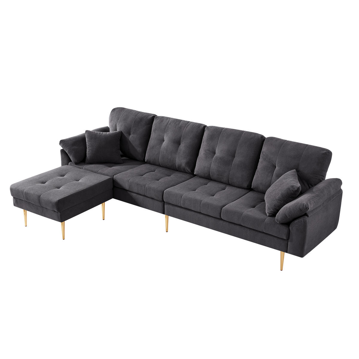 ECKSOFA 4-Sitzer mit flexiblem Hocker, DE-42943, Dunkelgrau - Dunkelgrau, Metall (250/70cm) - ComfortXL