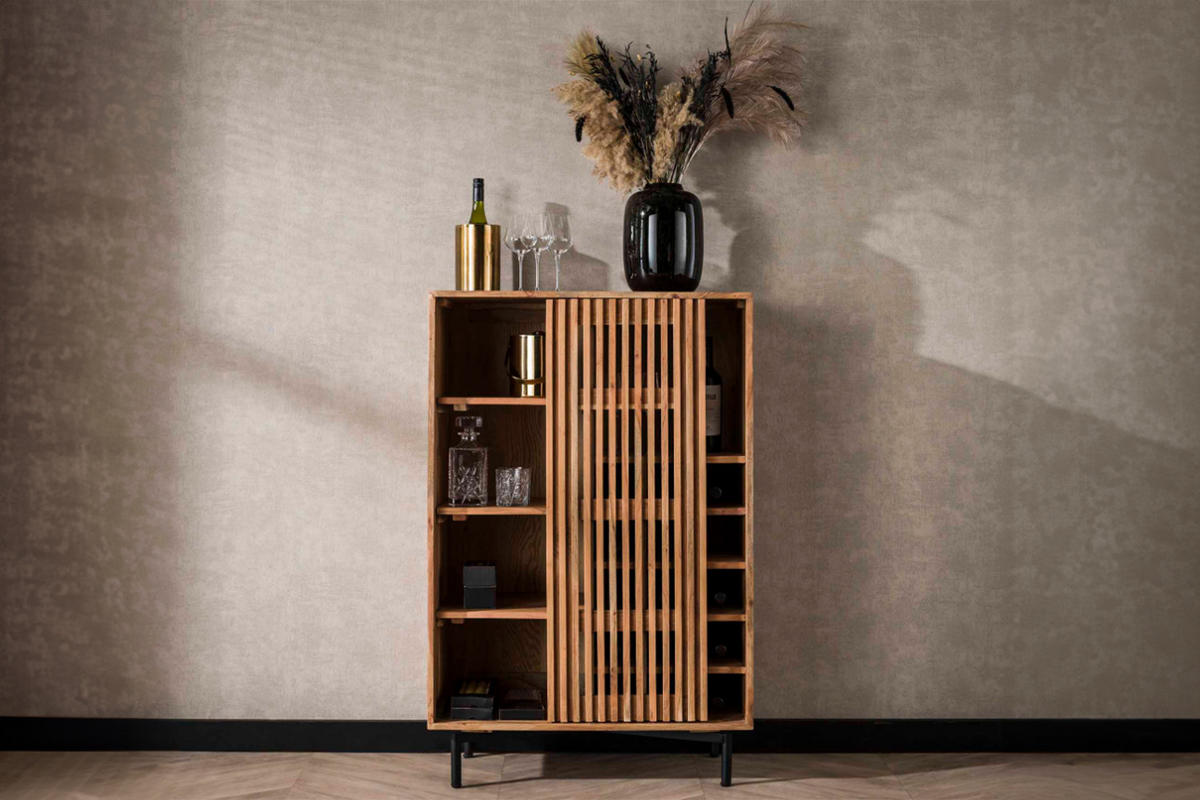 WEINSCHRANK LOJA Braun Akazie - Schwarz/Braun, Holz/Metall (80/122/43cm) - KAWOLA