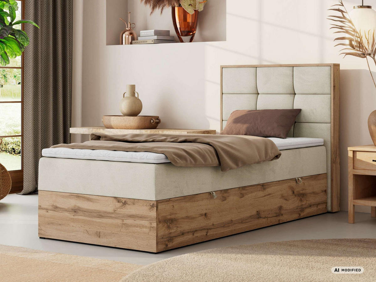 BOXBETT ALBERO 1 90/200 - Beige Velvet - Topper T25 - H4 - Rechts - Beige/Schwarz, Kunststoff/Textil (90/200cm) - MKS