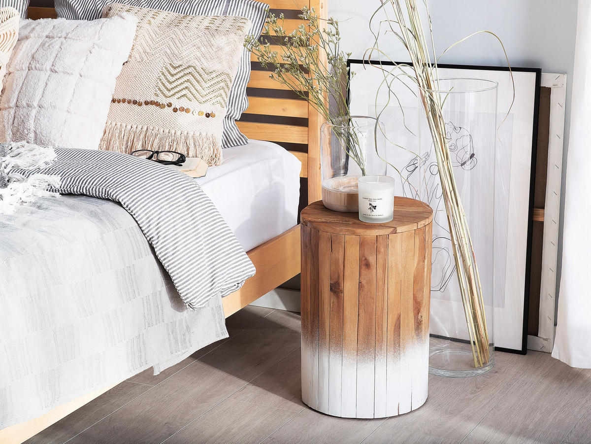 NACHTTISCH Teakholz hellbraun/weiß 30 cm Movas - Hellbraun/Weiß, Holz (30/30/44cm) - Beliani