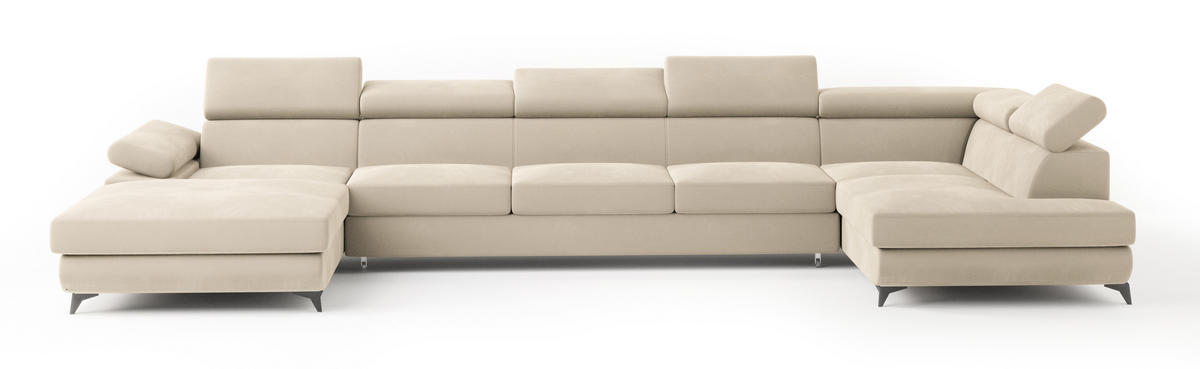 WOHNLANDSCHAFT MONTIVA Creme Velours-Stoff mit Schlaffunktion - Creme, Holz (410/89/190cm) - MASSENO