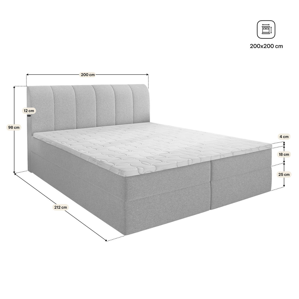 BOXBETT CEVANO 200x200 cm mit Matratze und Topper, H2+H3 - Schwarz - Schwarz, Holz (200/200cm) - MASSENO
