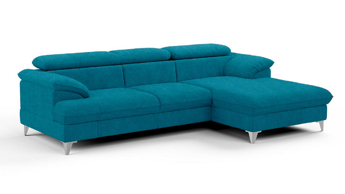 ECKSOFA mit Schlaffunktion und Bettkasten, verstellbare Kopfstützen - Chromfarben/Blau, Textil/Metall (167/254cm) - Cotta