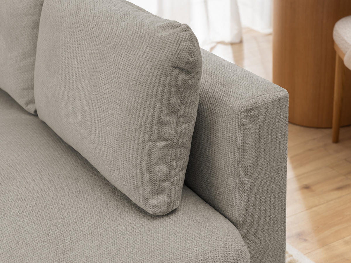 ECKSOFA inkl. Hocker Cardea mit Schlaffunktion in Bubble-Optik aus weichem Taupe Strukturstoff und hohem Sitzkomfort - Ottomane rechts - Taupe/Schwarz, Holz/Textil (230/170cm) - S-Style Möbel