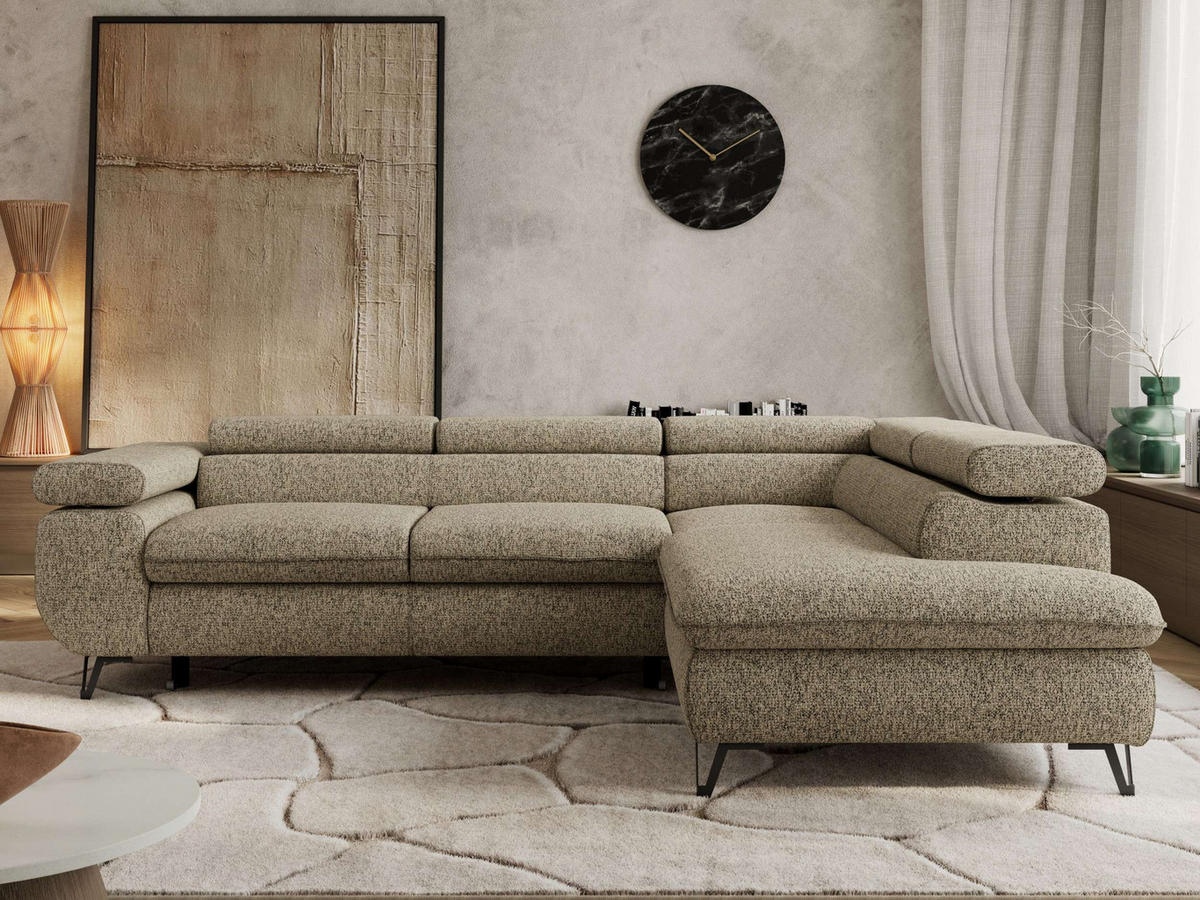 ECKSOFA PABLO L Dunkelbeige Struktur - Rechts Seite mit Visco Topper - Greige/Schwarz, Textil/Metall (273/208cm) - MKS