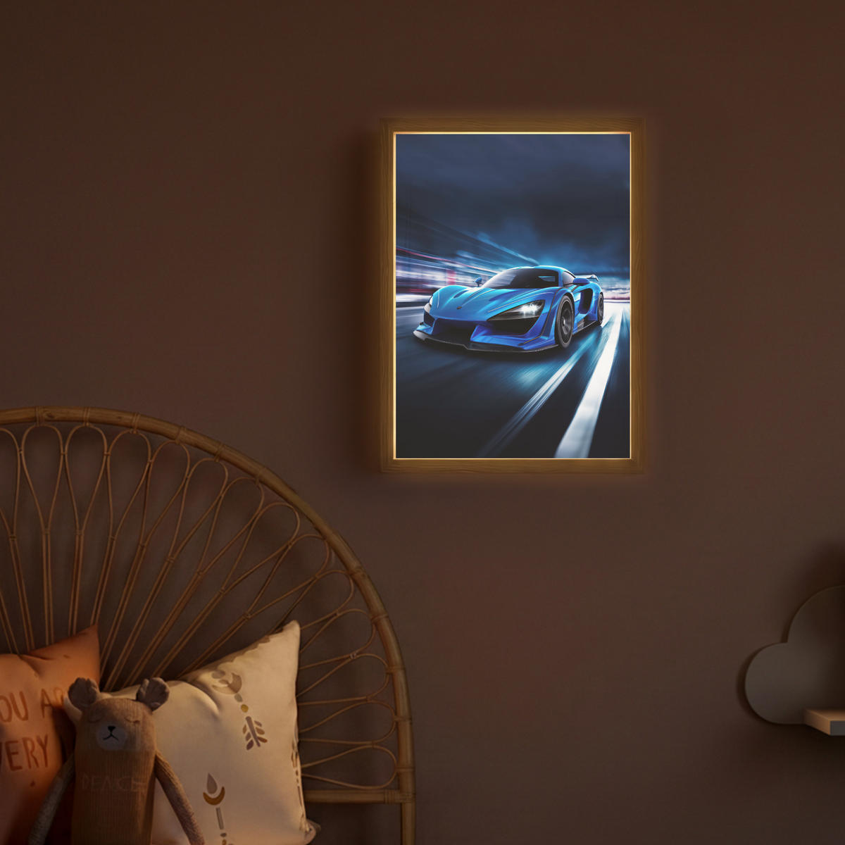 DOBÍJECÍ NOČNÍ LAMPIČKA Auto - Modrá - Chlapci - Dítě 30x40 cm - modrá, kompozitní dřevo (8/30/40cm) - OnlyWow