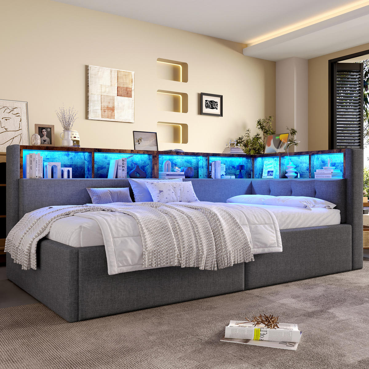 ČALOUNĚNÁ postel 90/200 cm s USB a Type-C porty, LED osvětlením a hydraulickým úložným prostorem, Šedá - šedá, textil (90/200cm) - Redom