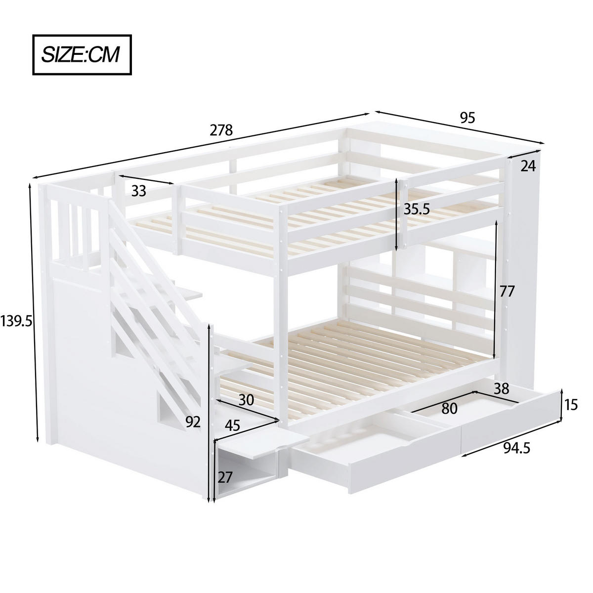 ETAGENBETT 90/200 cm weiß mit Sicherheitstreppe und Stauraum - Weiß, Holz (90/200cm) - OKWISH