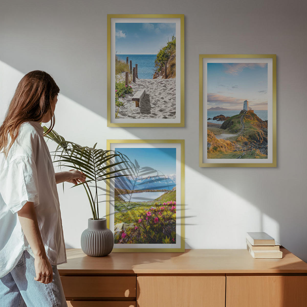 WANDBILDER 3er Set - 40x60 cm Goldrahmen - Strand, Leuchtturm, Berge, Blumen - Goldfarben, Kunststoff (40/60cm) - ArtPrintCave