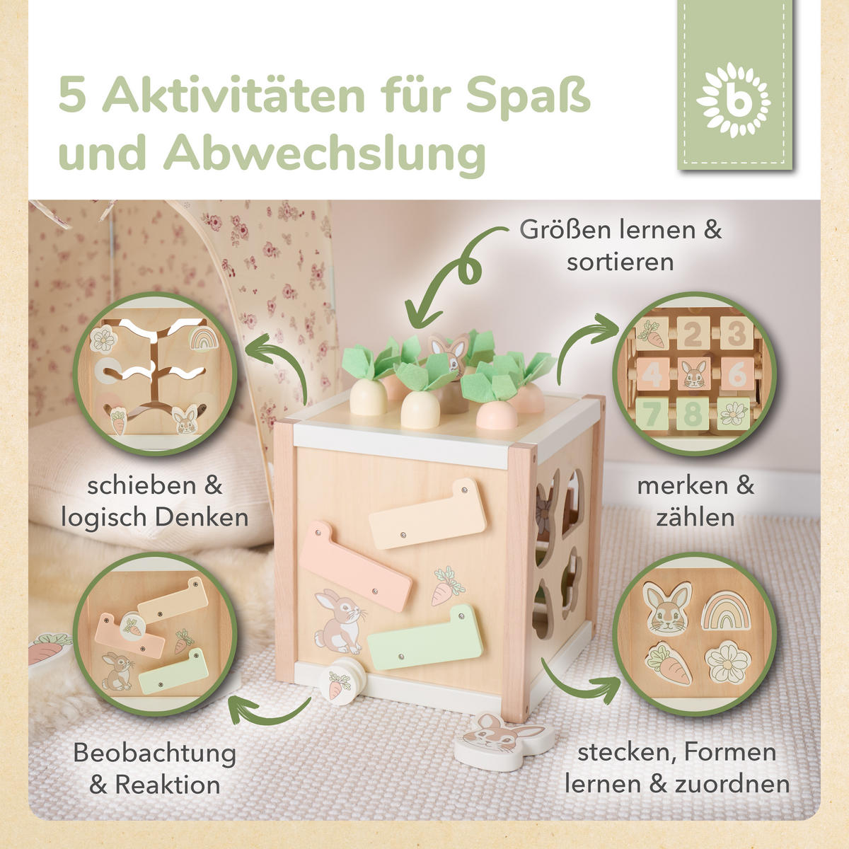 MOTORIKWÜRFEL Hase Fine XXL Holz FSC - a - Grün, Holz (30/30cm) - Bieco Spielwaren