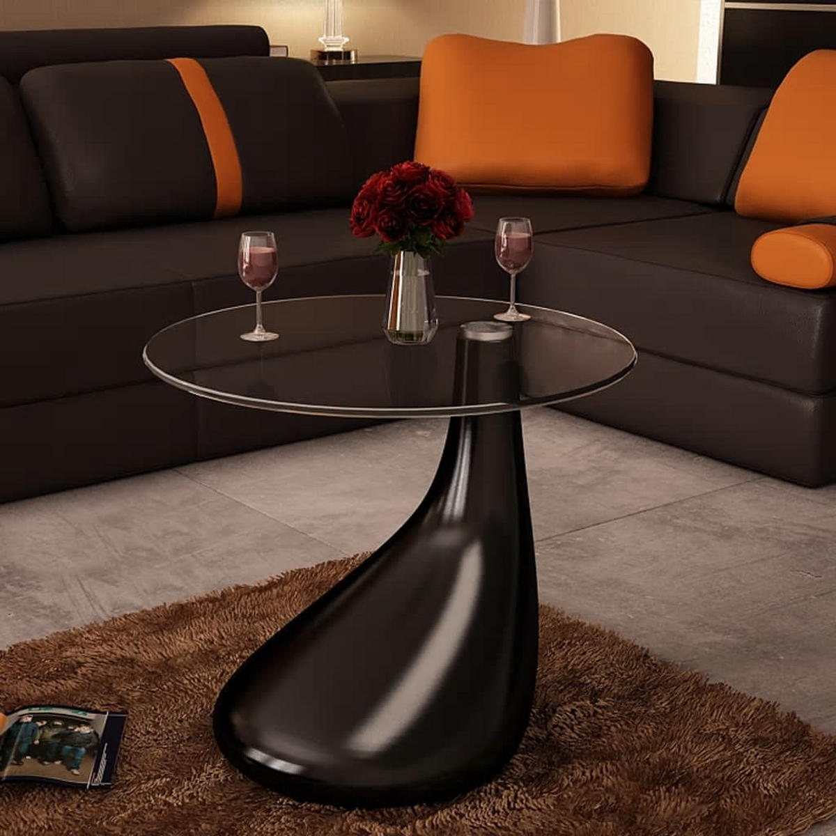 COUCHTISCH mit Runder Glasplatte Hochglanz Schwarz - Schwarz, Glas (42/42/55cm) - furnicato