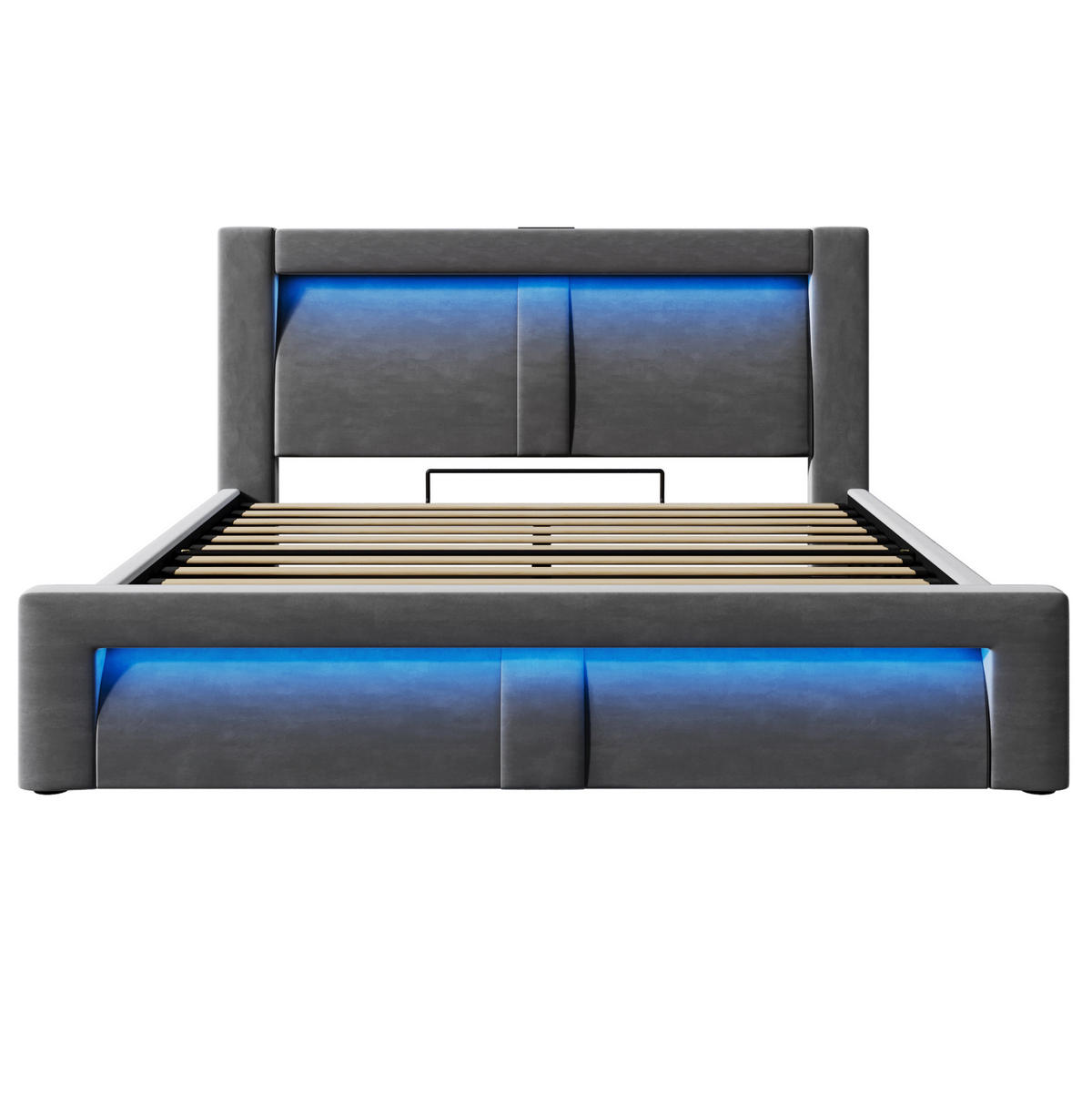 DVOJLŮŽKO 140/200 cm šedé z sametu s úložným prostorem LED a USB-C - šedá, textil (140/200cm) - OKWISH