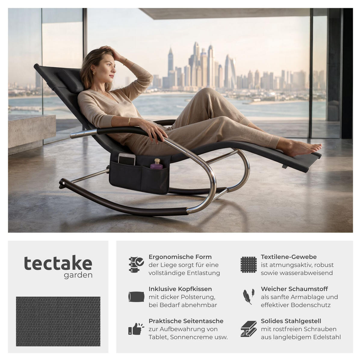 GARTENLIEGE Taya, abnehmbares Kopfpolster, seitliche Aufbewahrungstasche, schwarz - Schwarz, Kunststoff (62/92/142cm) - tectake
