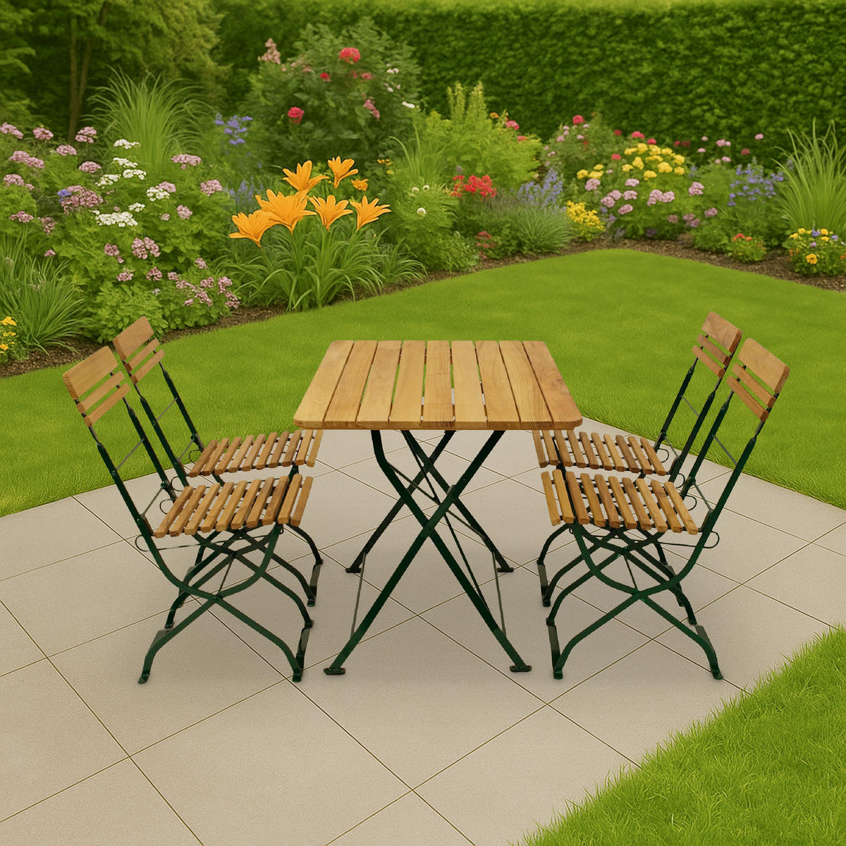 BIERGARTEN- GARTEN-GARNITUR Darwin 5-teilig, Flachstahl - Garten-Garnitur 5-teilig, Flachstahl Robinienholz -Gestell verzinkt grün - Grün, Holz - TPFGarden