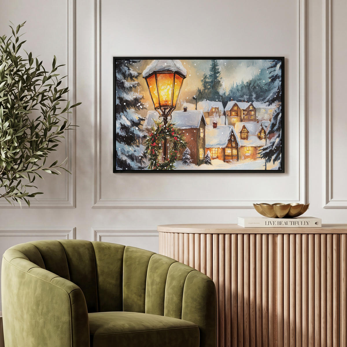 LEINWAND Bilder mit Rahmen - Weihnachtsdorf - Häuser - Schnee - Weihnachten - 60x40 - Sandfarben, Textil (60/40cm) - MuchoWow