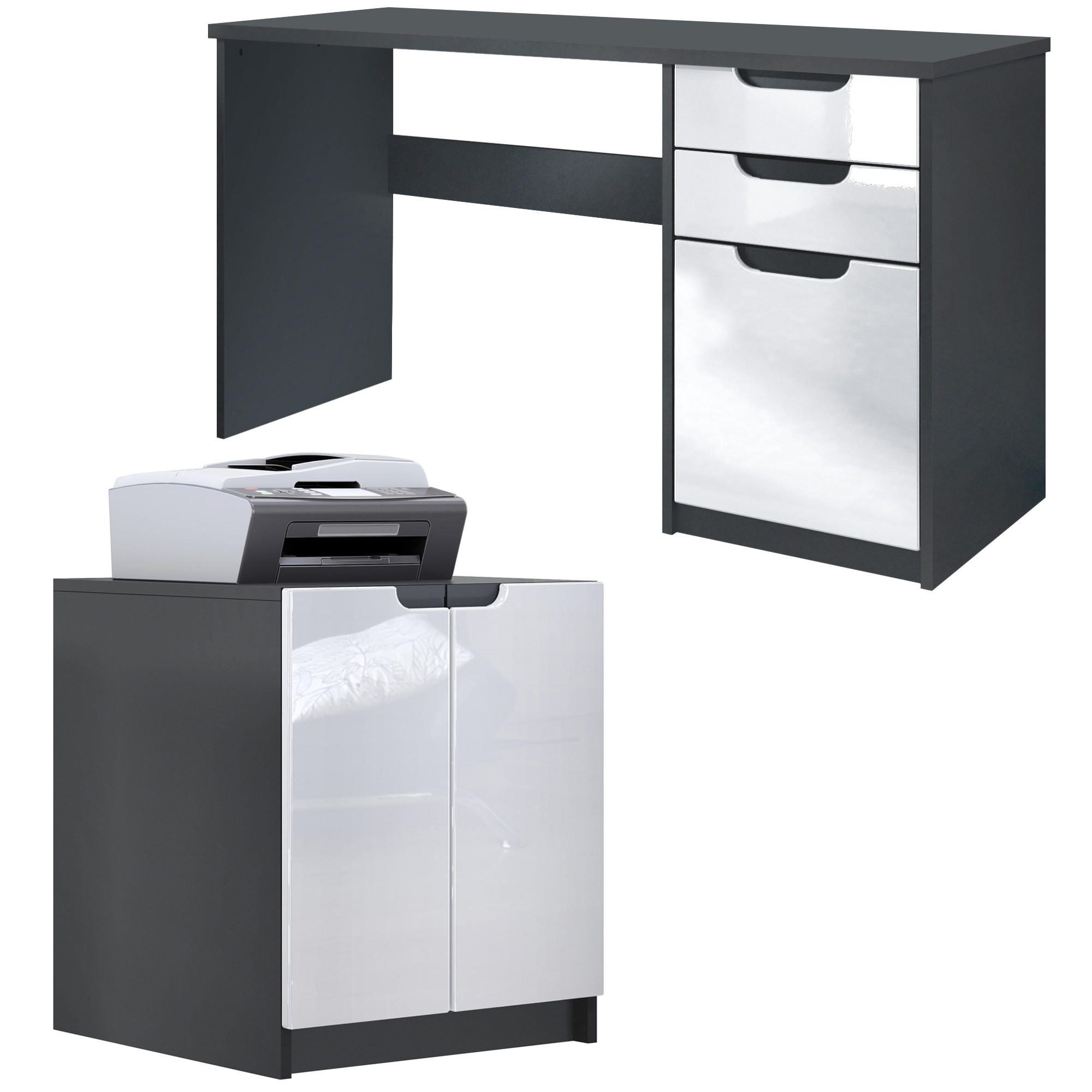 Vladon Büromöbelset Weiß Hochglanz 180x76x60 cm