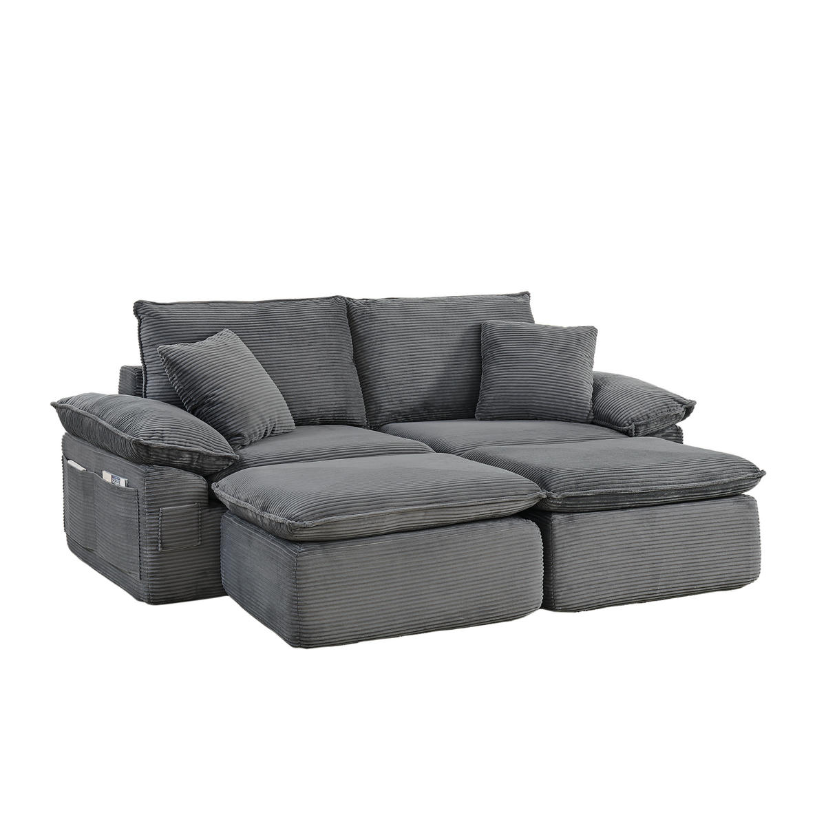 2-SITZER Bodensofa aus Stoff Hellgrau modular mit Fußstütze und Aufbewahrungstaschen - Hellgrau, Textil (156/65/206cm) - Modfu