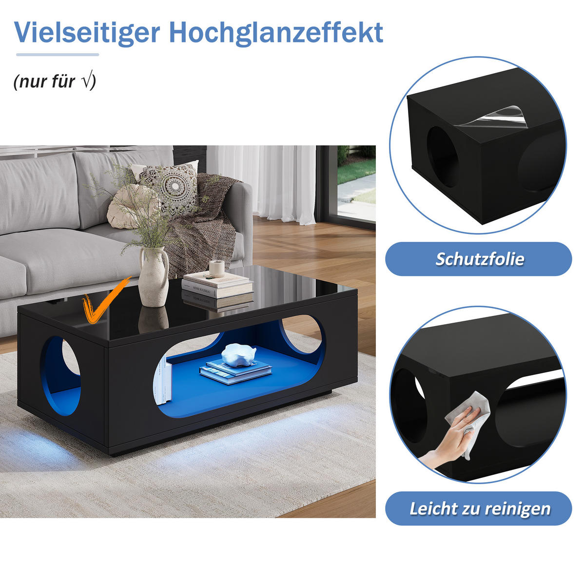 COUCHTISCH LED App-Steuerung Schwarz 100x50x35cm MDF 30kg Stauraum - Schwarz, Holzwerkstoff (100/50/35cm) - FLIEKS