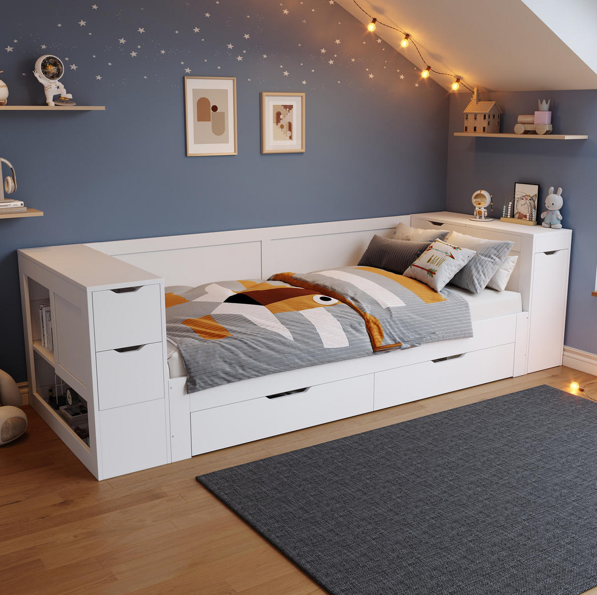 DETSKÁ posteľ 90/200 cm biela, MDF, s úložným priestorom a roštom - biela, kompozitné drevo (90/200cm) - BEAOK