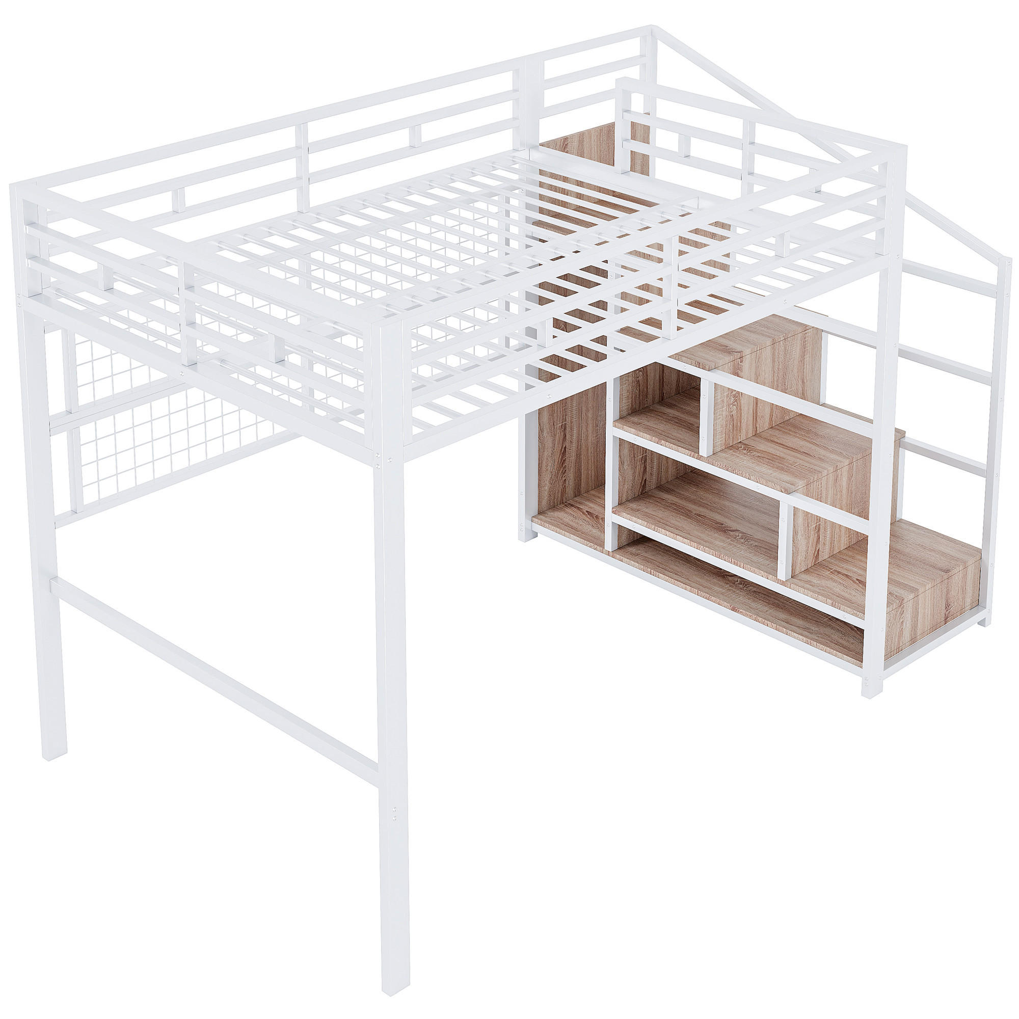 HOCHBETT 140/200 cm Weiß mit Kleiderschrank, Stauraumleiter und 7-farbige LED-Leuchten - Weiß, Metall (140/200cm) - Oxeza