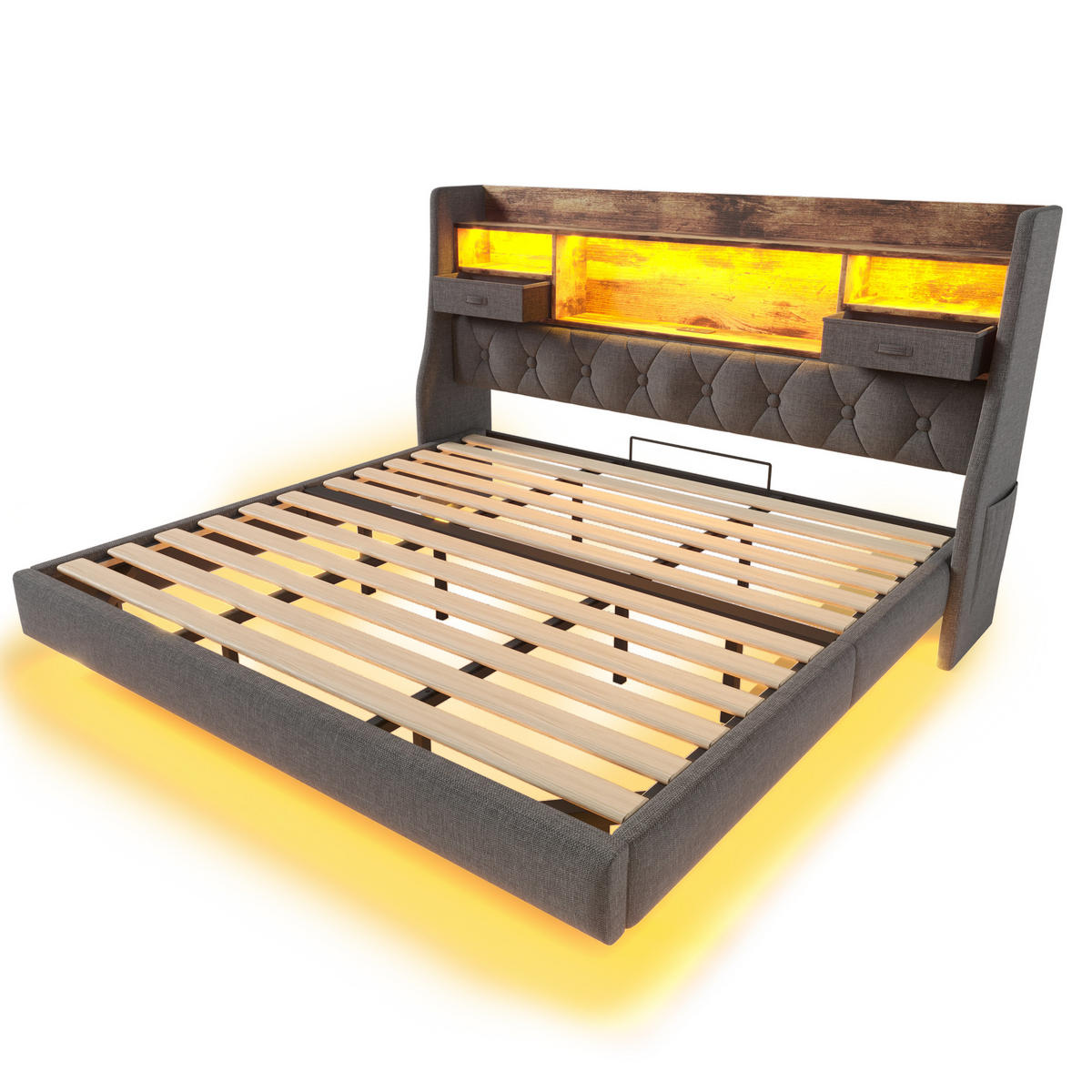 POLSTERBETT 180/200 cm mit LED-Beleuchtung, USB und Type-C, Stauraum-Kopfteil aus Leinen, Grau - Grau, Textil (180/200cm) - Redom