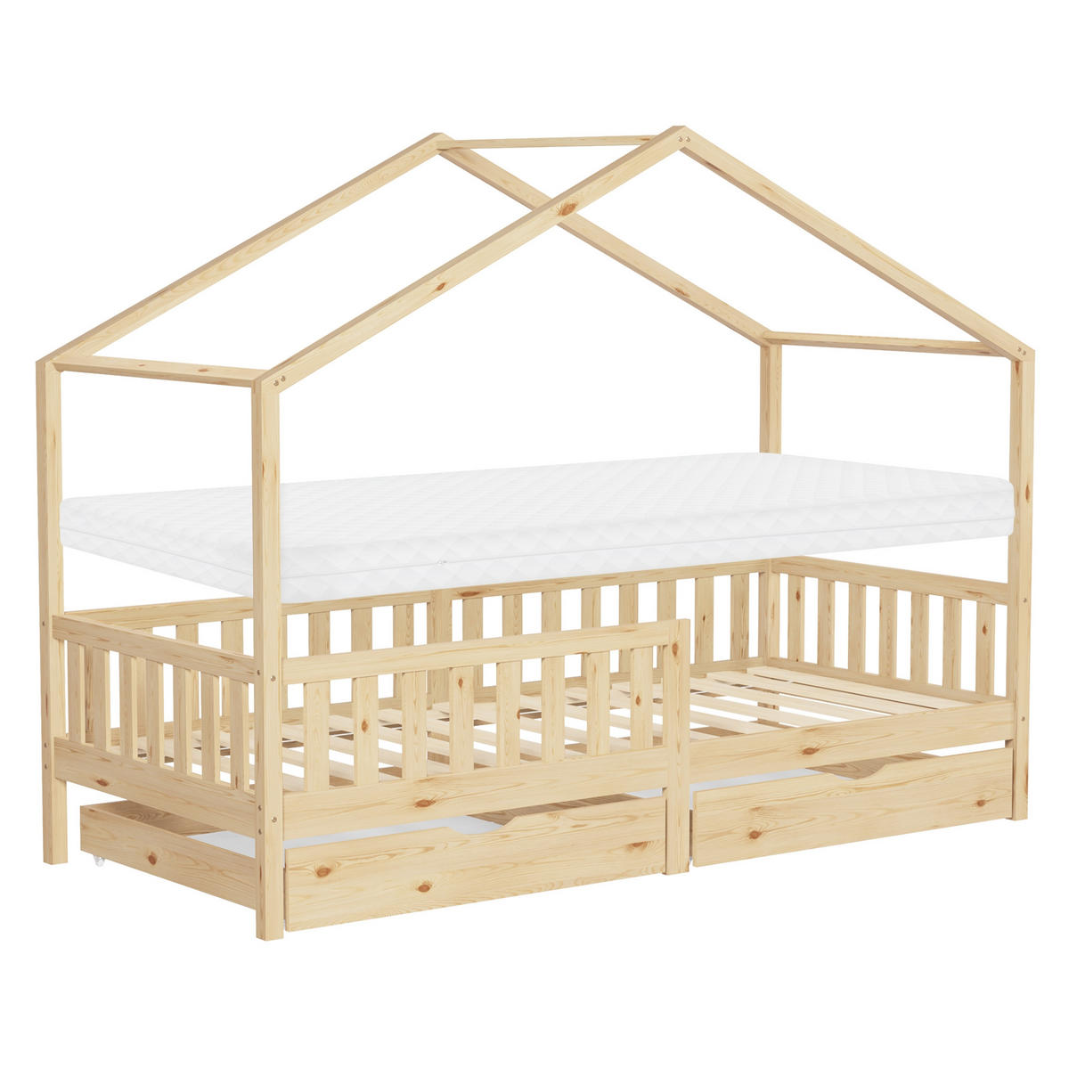 HAUSBETT mit Matratze 90x200 cm und 2 Schubladen Natur aus Kiefernholz - Beige, Holz (90/200cm) - ML-DESIGN