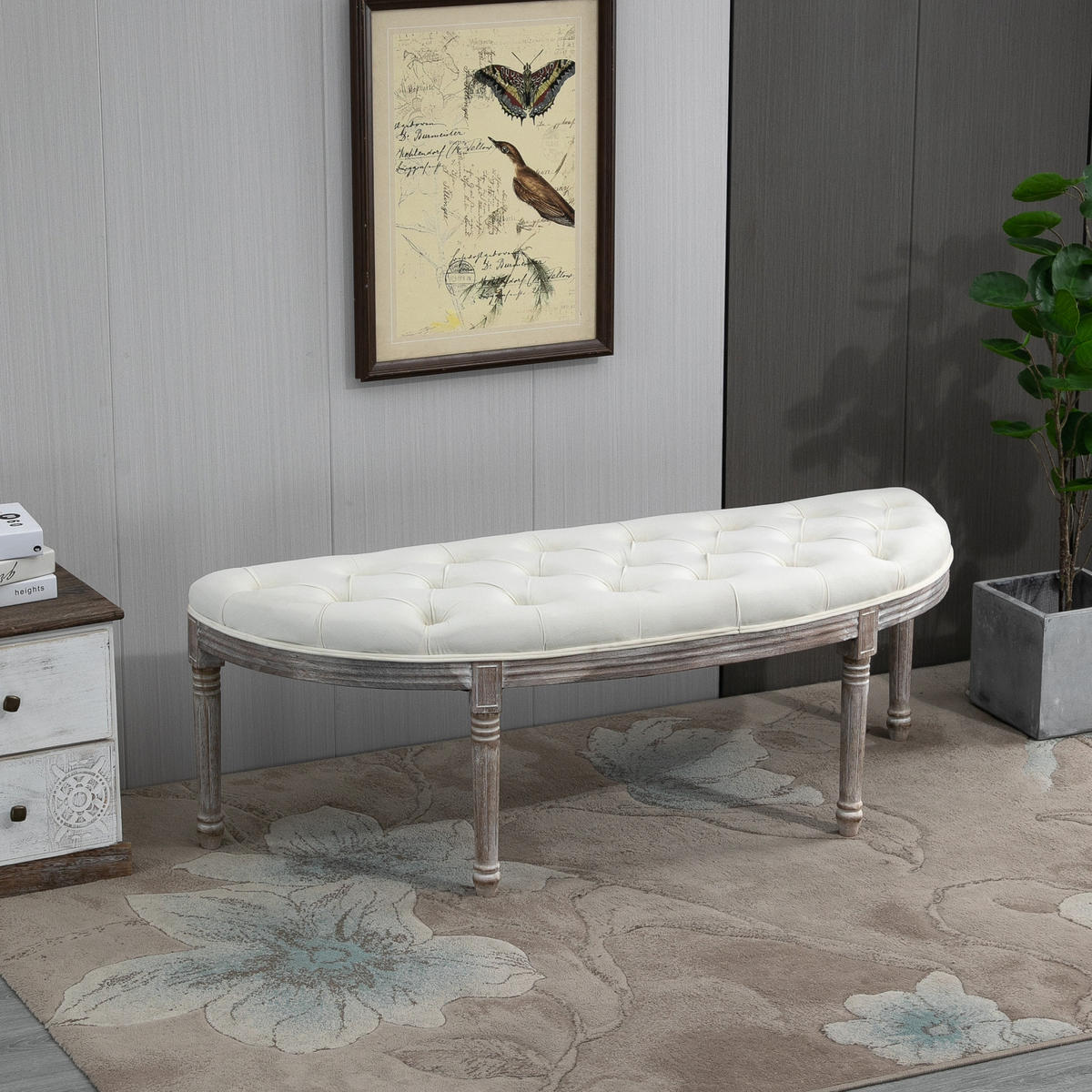 POLSTERBANK Sitzbank Vintage Retro Bettbank mit Knöpfen Samtige Berührung Holz - Beige, Kunststoff (49/49/142cm) - HOMCOM