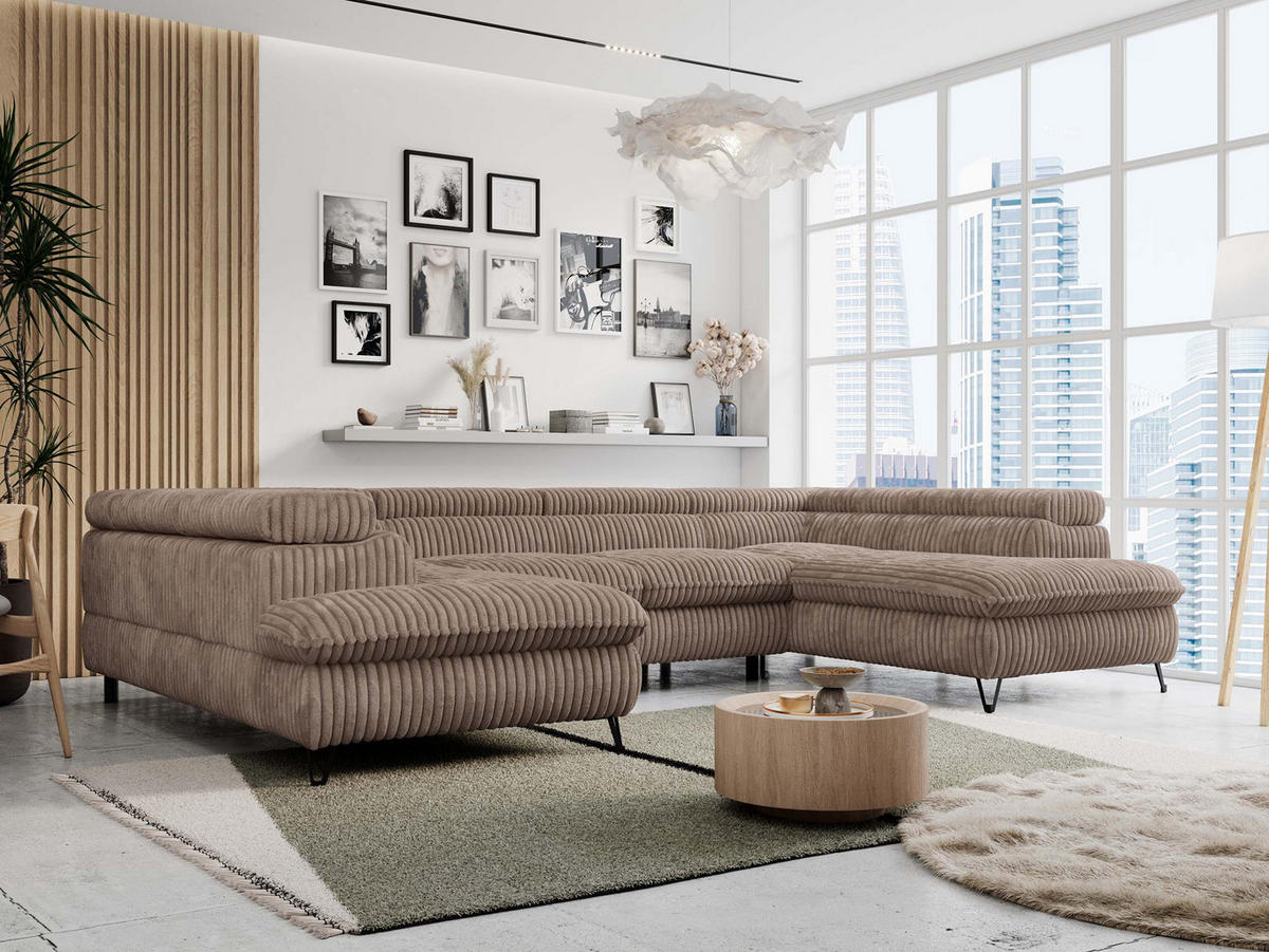 WOHNLANDSCHAFT PETER U Cord Braun - Schwarz/Braun, Textil/Metall (346/76/208cm) - MKS