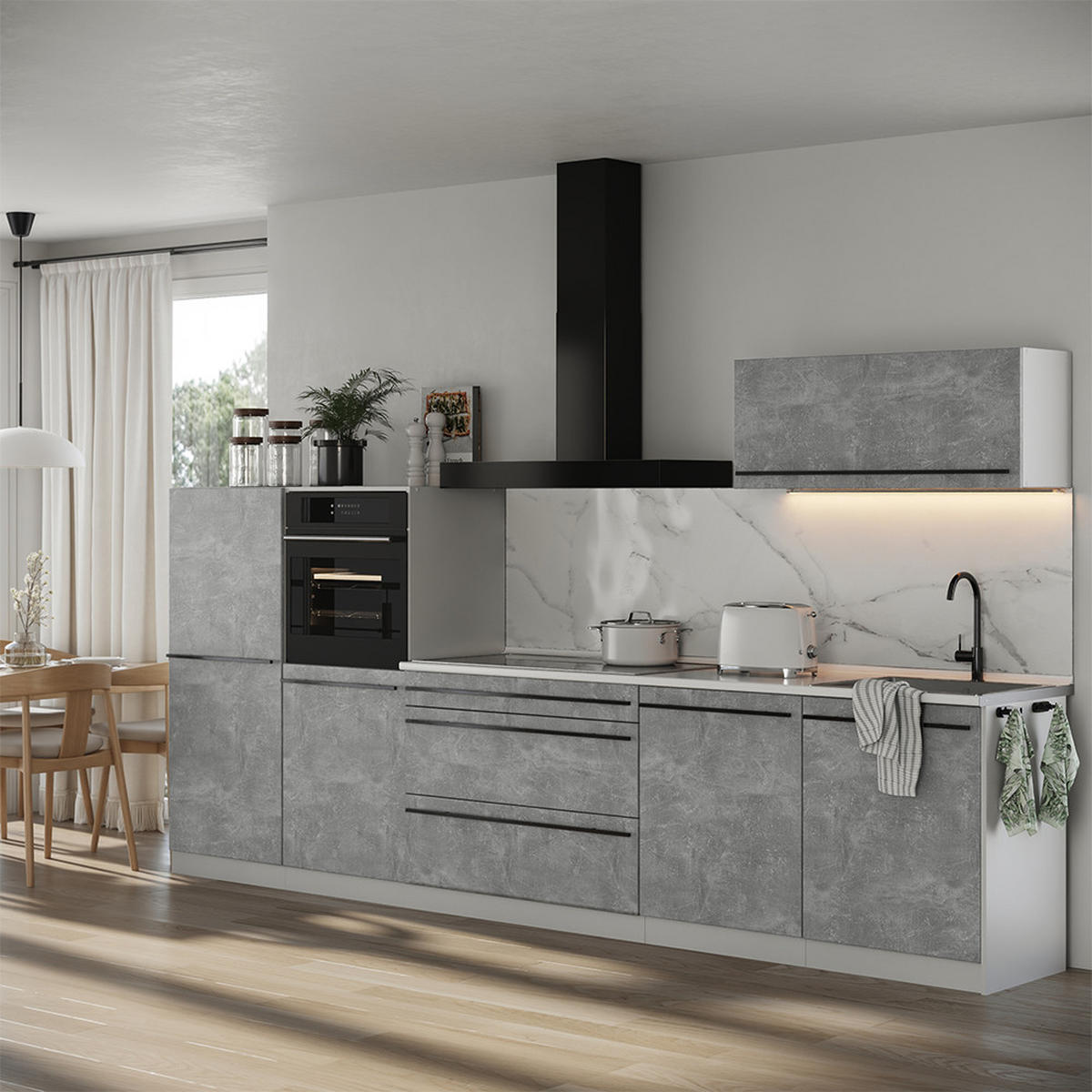 KUCHYNKA R-Line, betón/biely, 340 cm antrasiitti työtaso - sivá/biela, kompozitné drevo (340/143/60cm) - Vicco